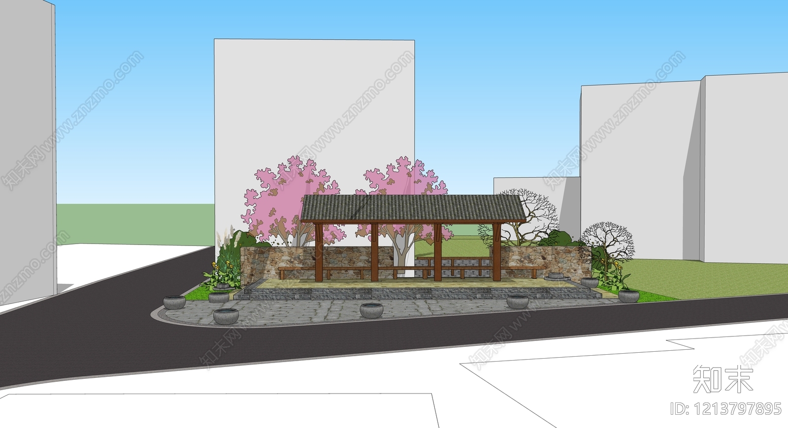 新中式景观廊架空间SU模型下载【ID:1213797895】