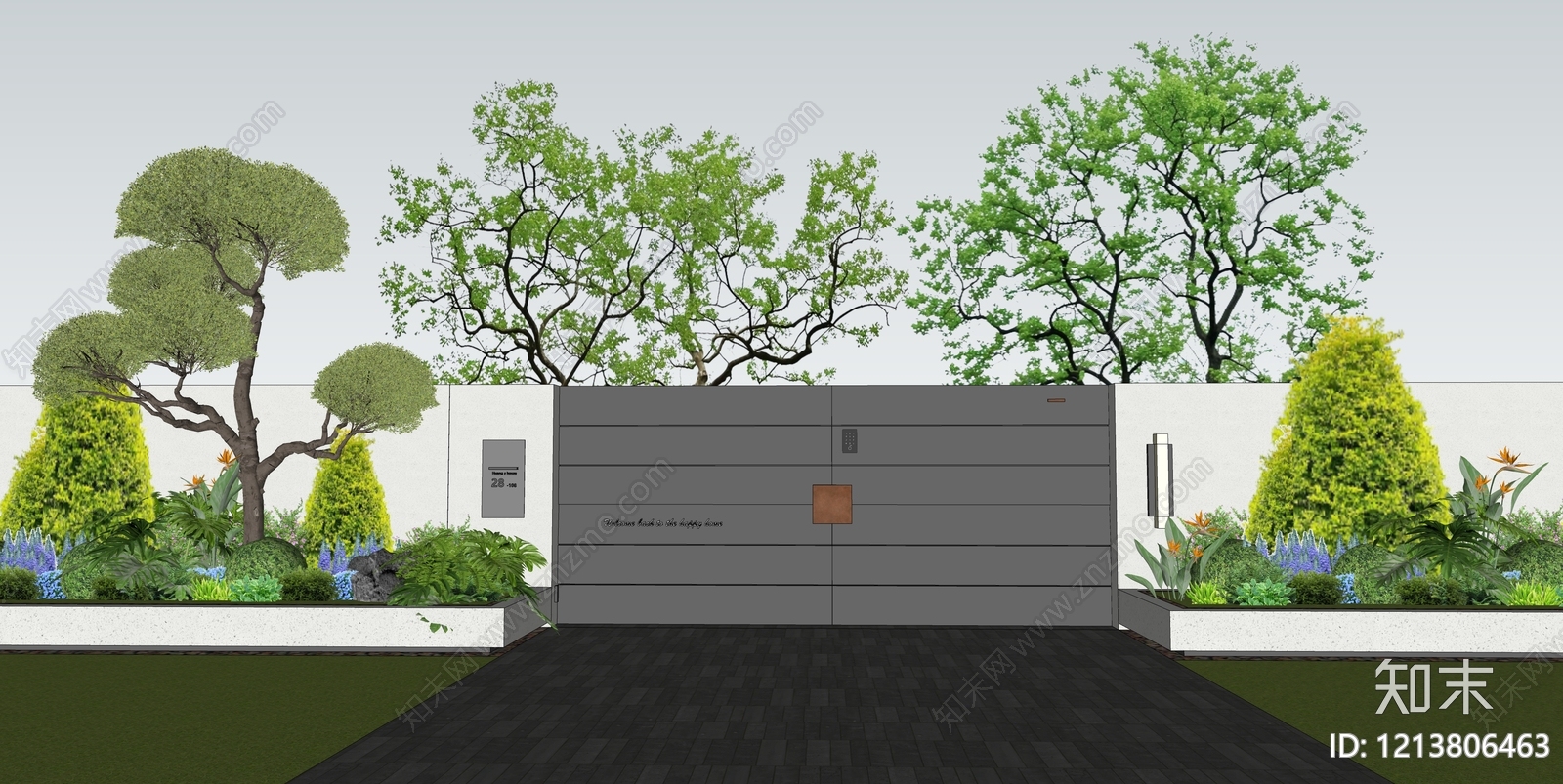 新中式景观入口大门SU模型下载【ID:1213806463】