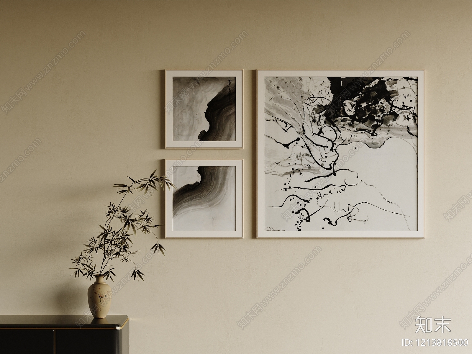 新中式黑白艺术挂画组合3D模型下载【ID:1213818500】