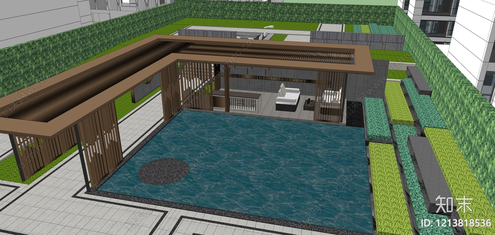 新中式景观人工水池SU模型下载【ID:1213818536】