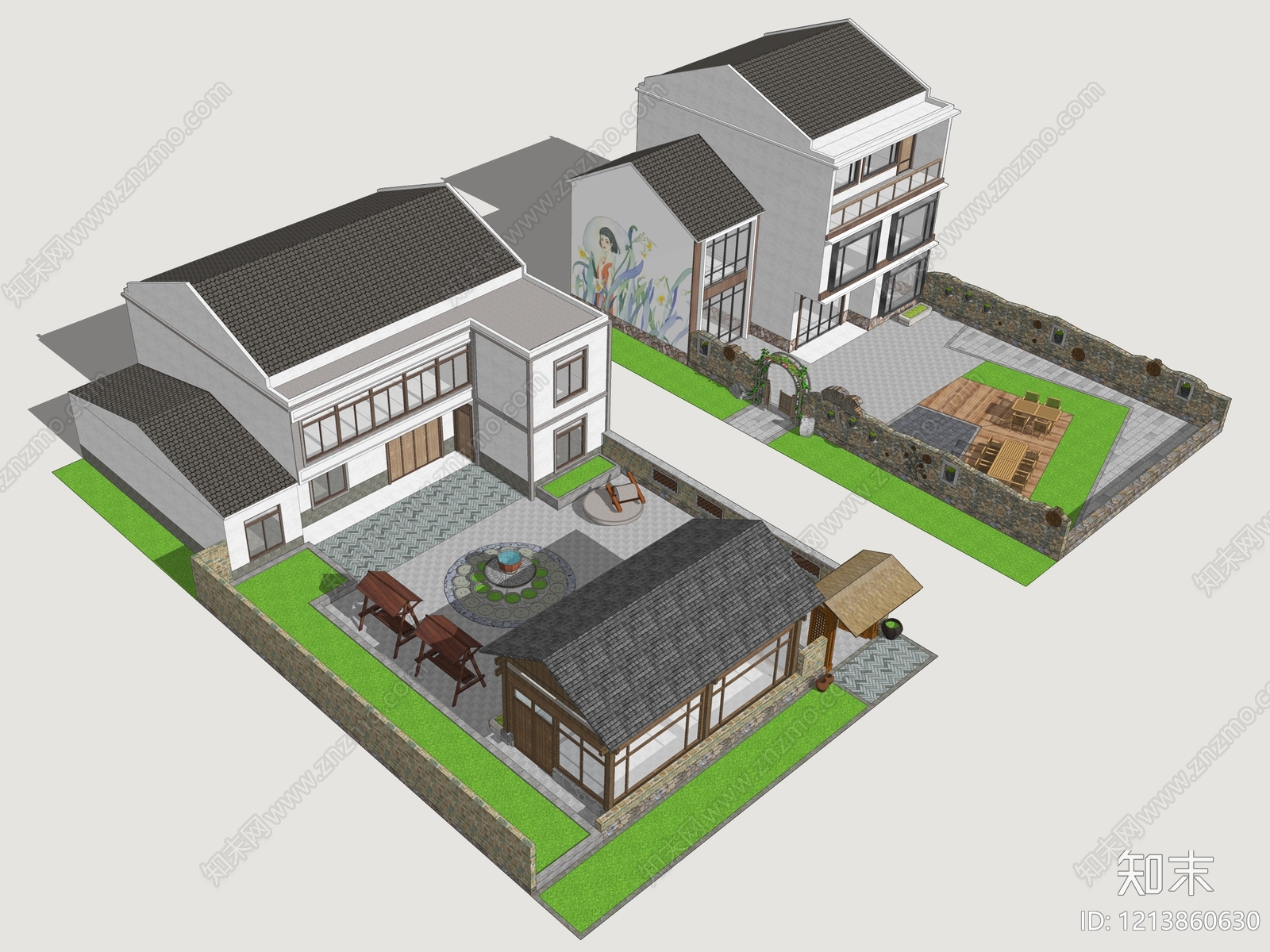 新中式民宿建筑SU模型下载【ID:1213860630】