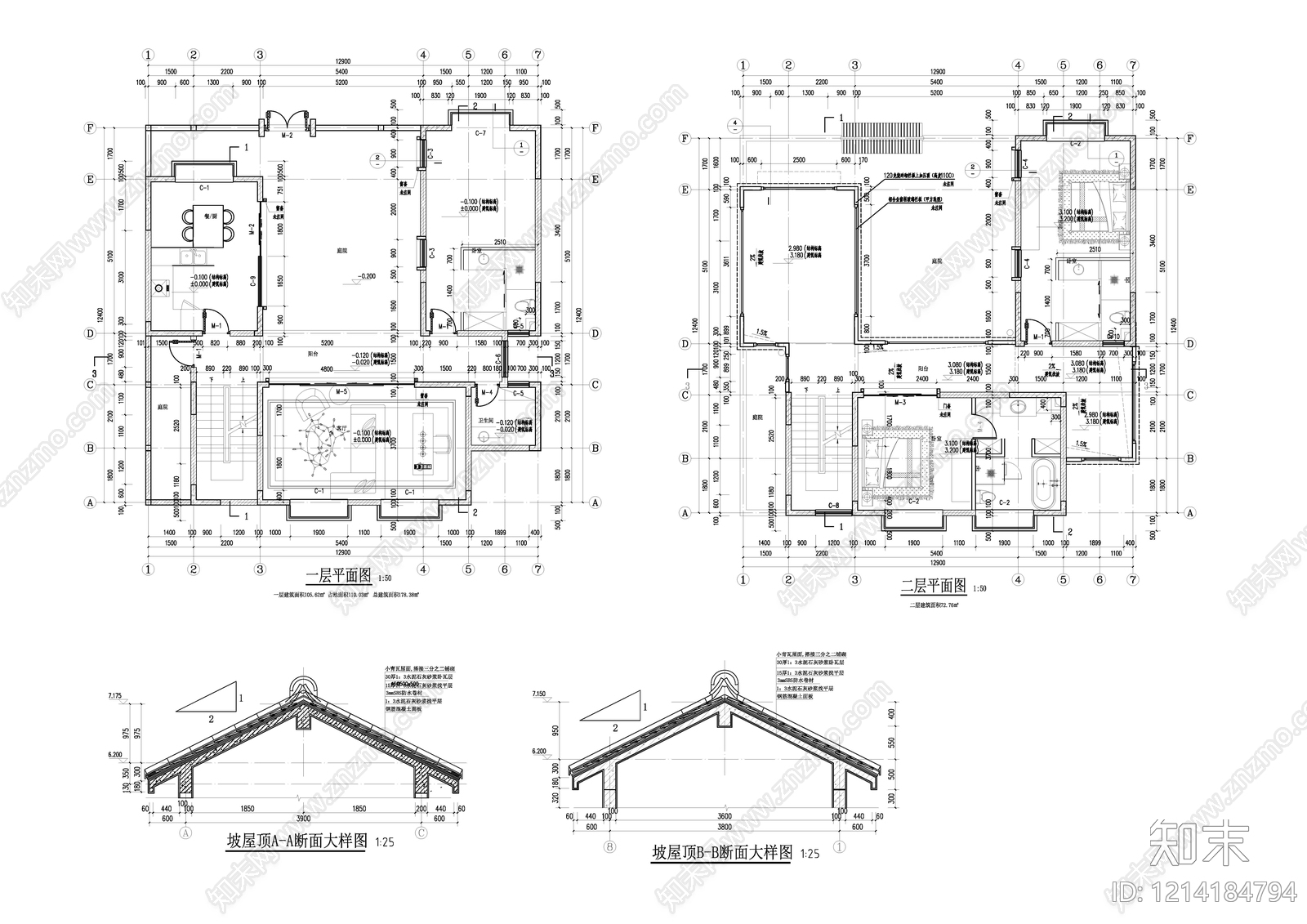 新中式中式别墅建筑cad施工图下载【ID:1214184794】