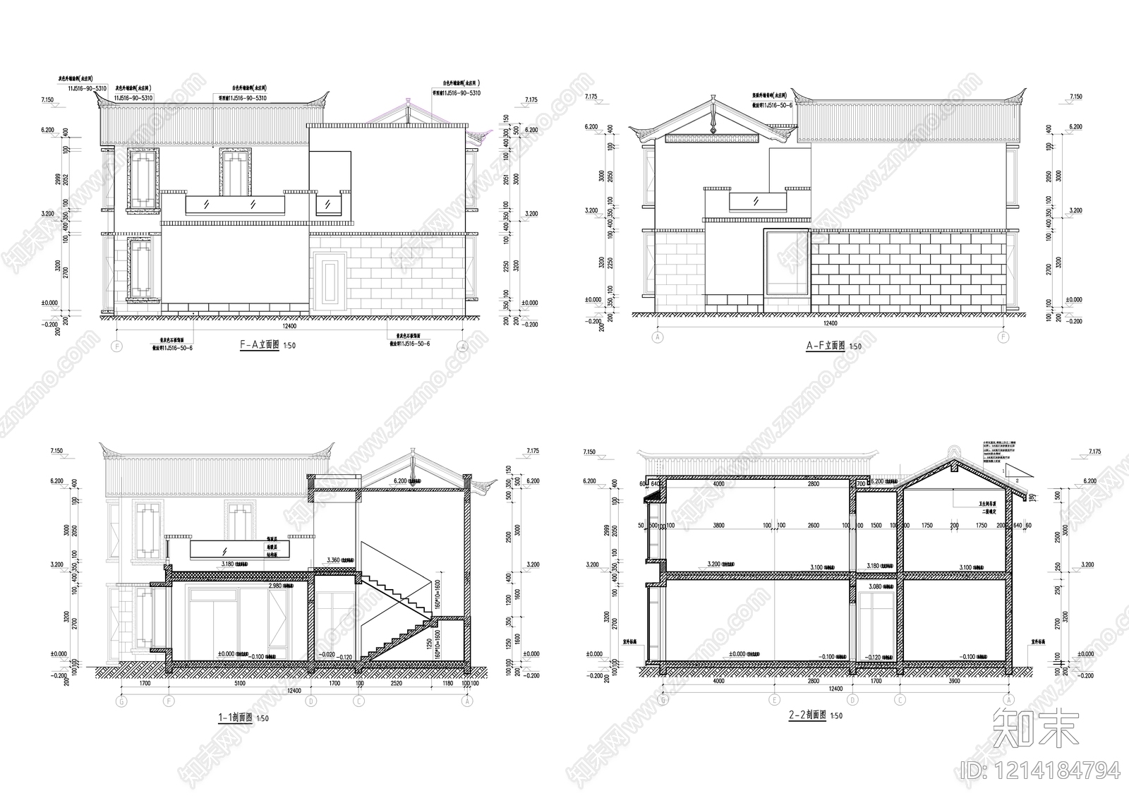 新中式中式别墅建筑cad施工图下载【ID:1214184794】
