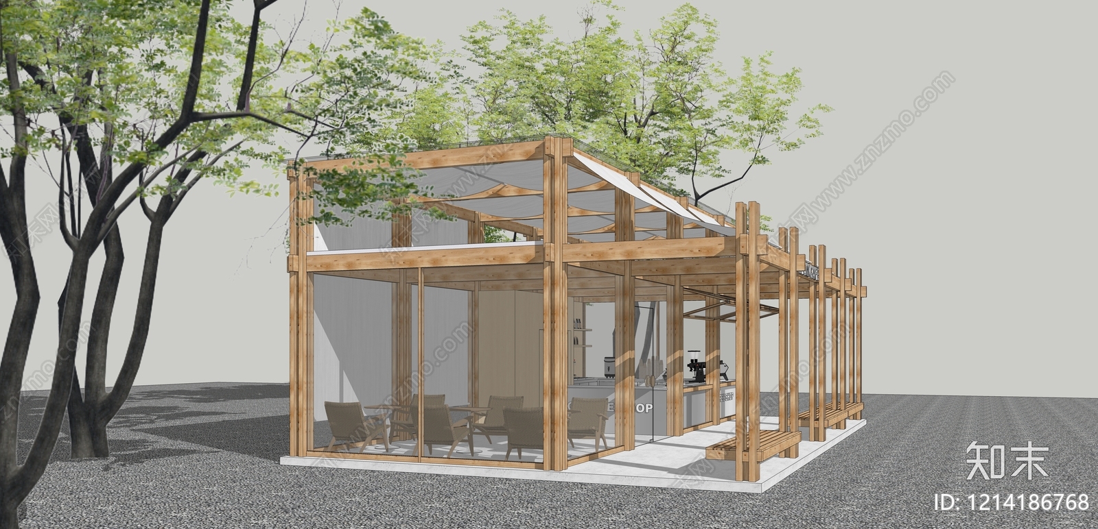 日式原木风餐饮建筑SU模型下载【ID:1214186768】