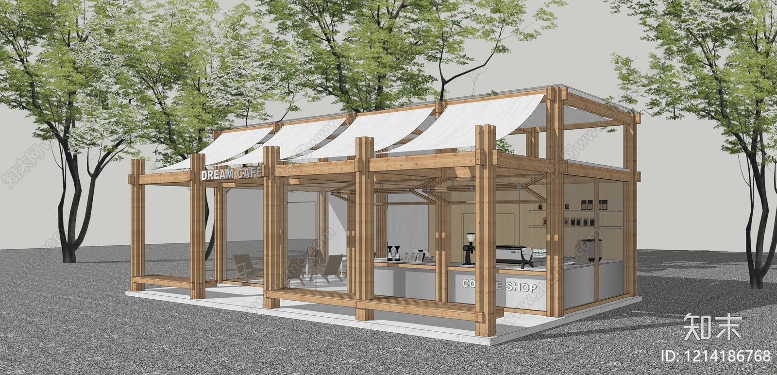 日式原木风餐饮建筑SU模型下载【ID:1214186768】