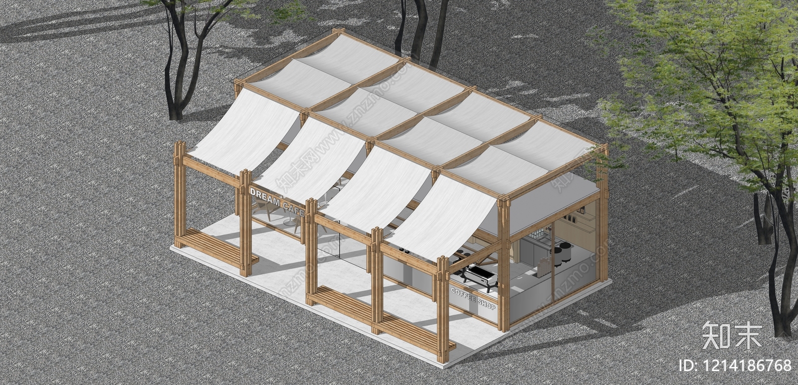 日式原木风餐饮建筑SU模型下载【ID:1214186768】