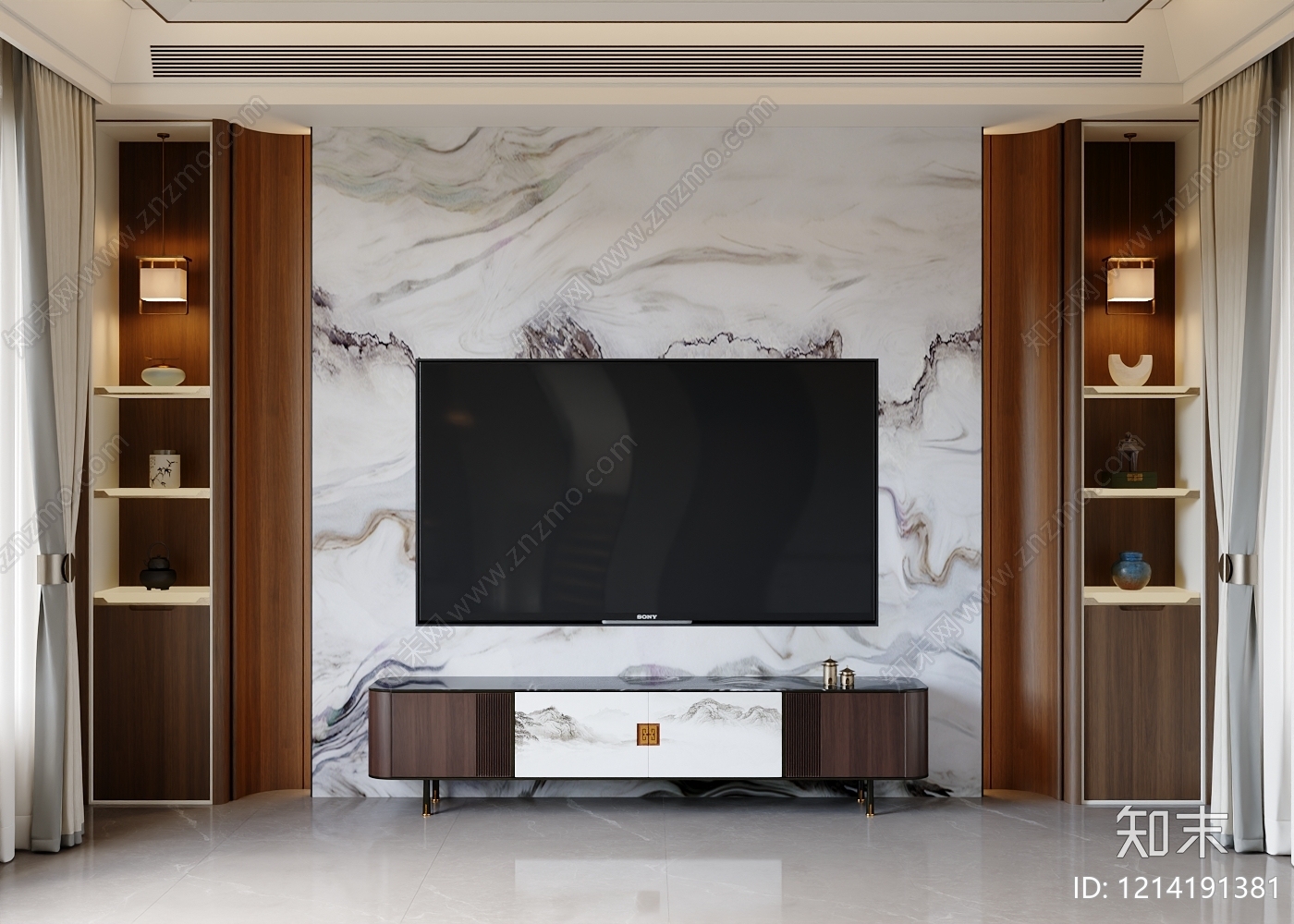 新中式背景墙SU模型下载【ID:1214191381】