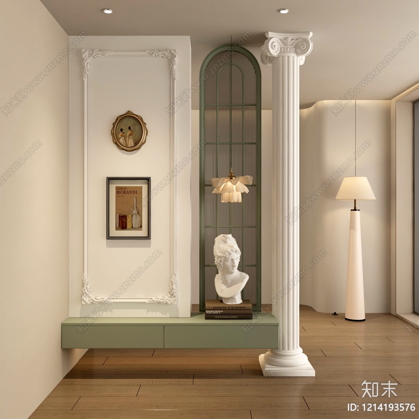 法式奶油风玄关花格玻璃隔断3D模型下载【ID:1214193576】