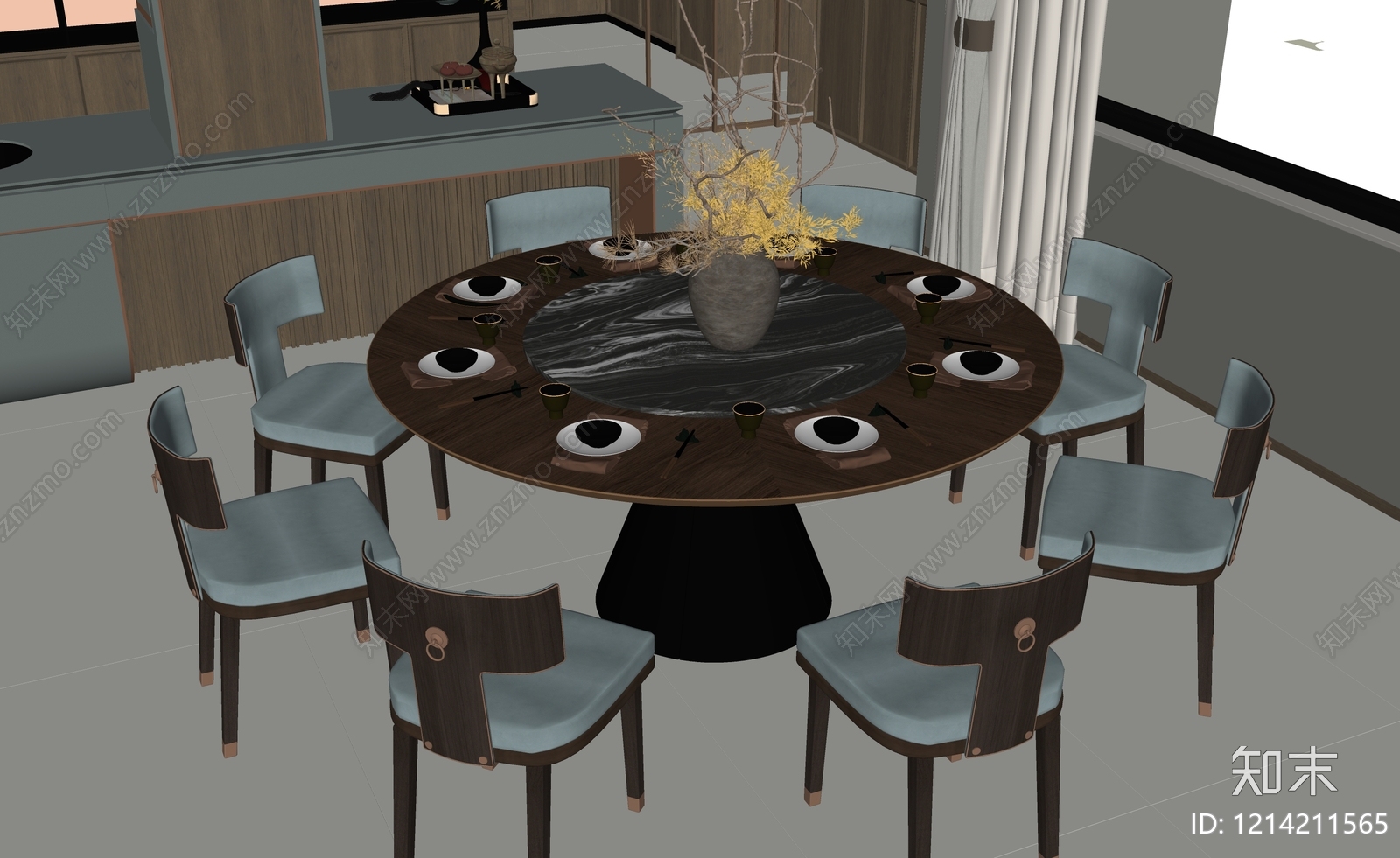 新中式餐桌椅SU模型下载【ID:1214211565】