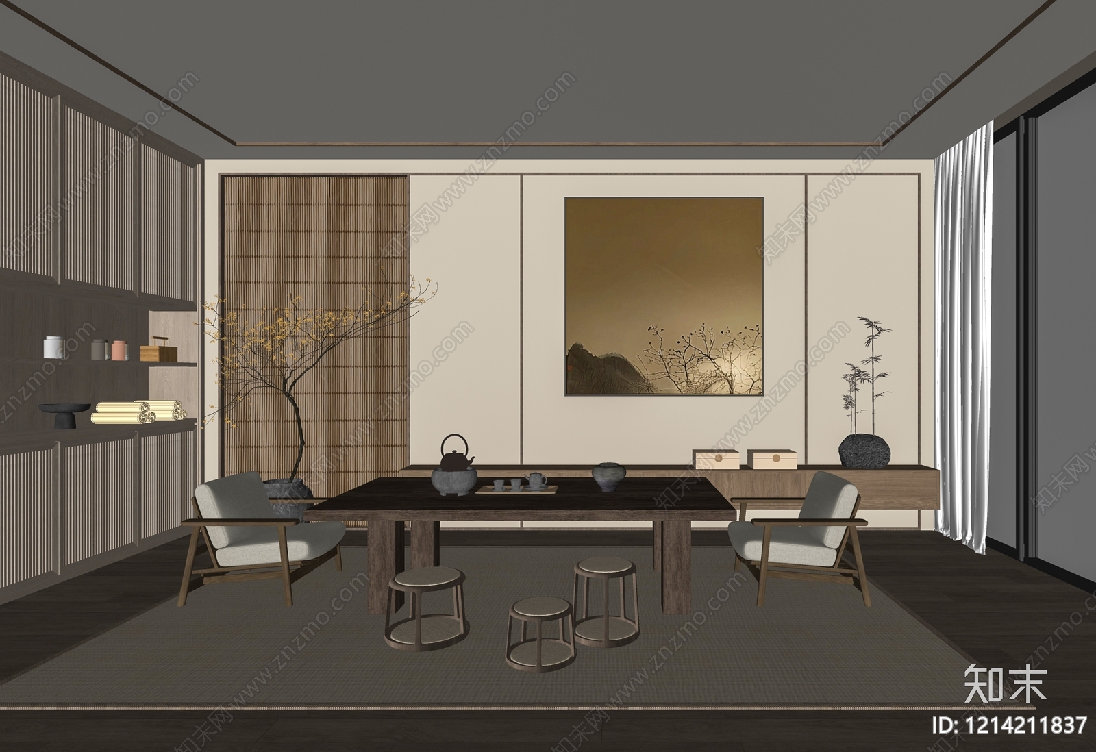 新中式茶室SU模型下载【ID:1214211837】