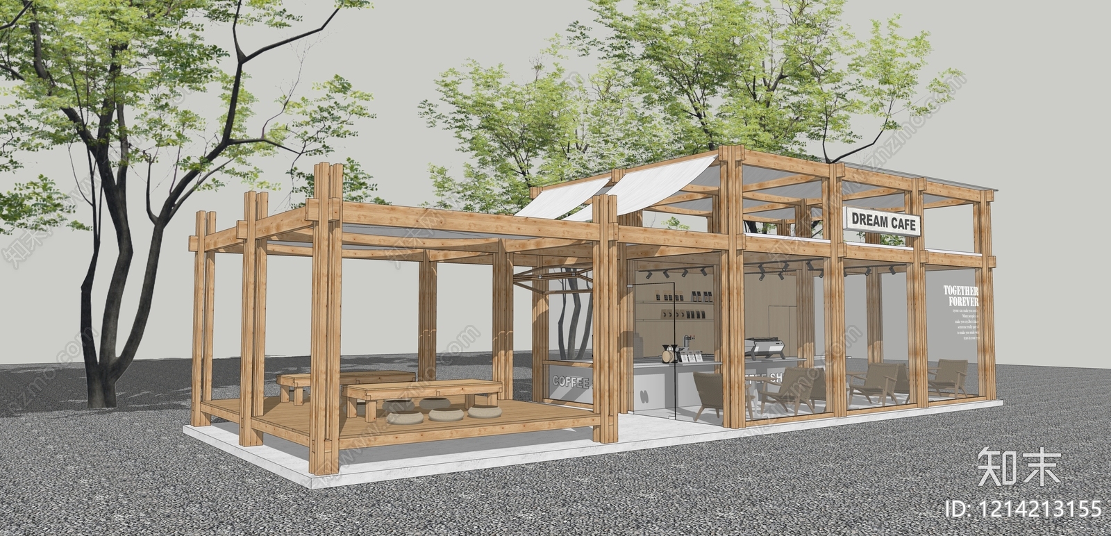 日式原木餐饮建筑SU模型下载【ID:1214213155】