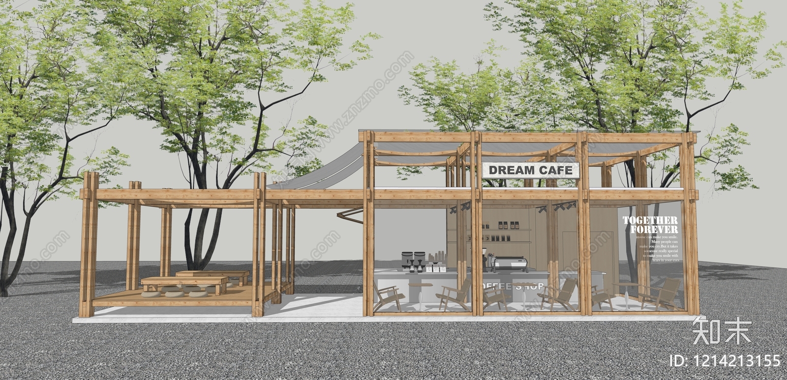 日式原木餐饮建筑SU模型下载【ID:1214213155】