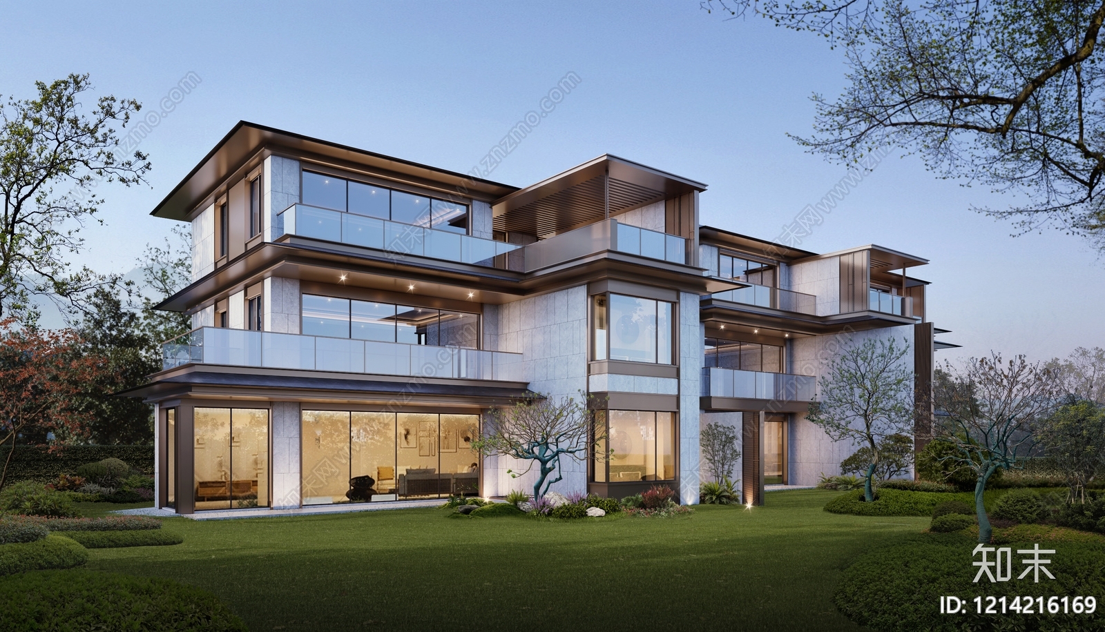新中式联排别墅SU模型下载【ID:1214216169】