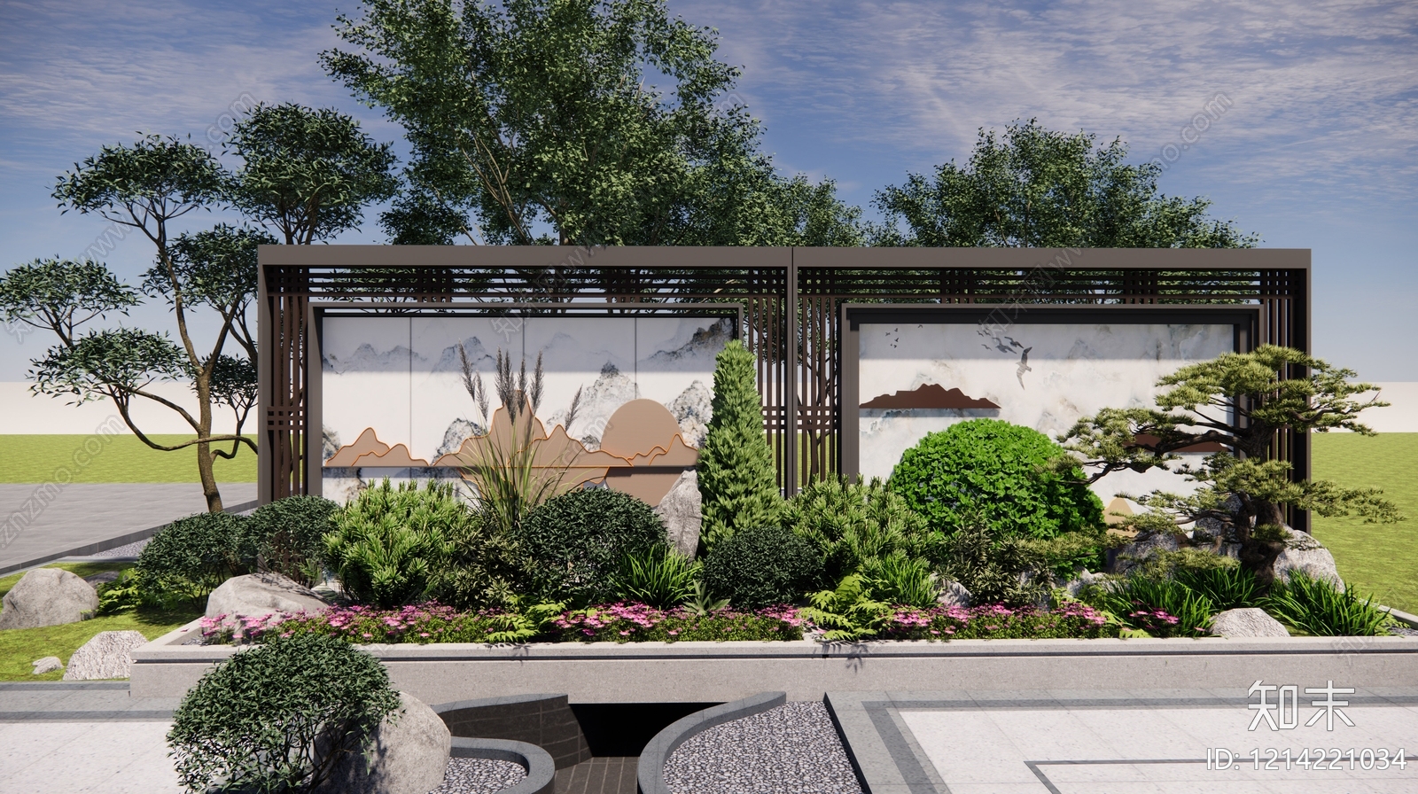 新中式景观景墙SU模型下载【ID:1214221034】