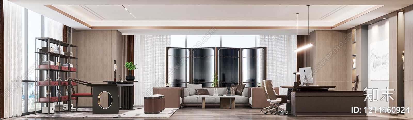 新中式董事长办公室3D模型下载【ID:1214460924】