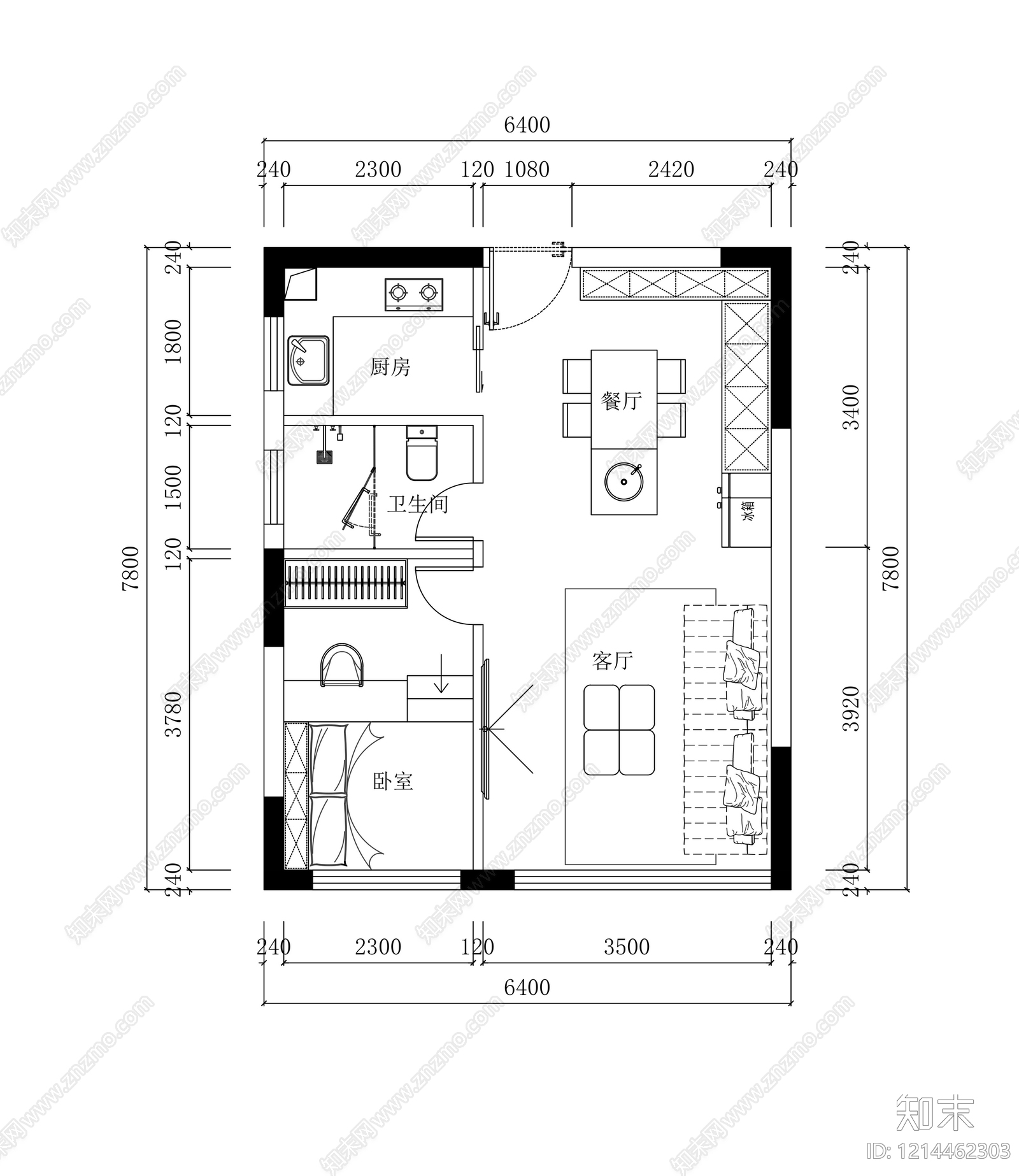 一居施工图下载【ID:1214462303】