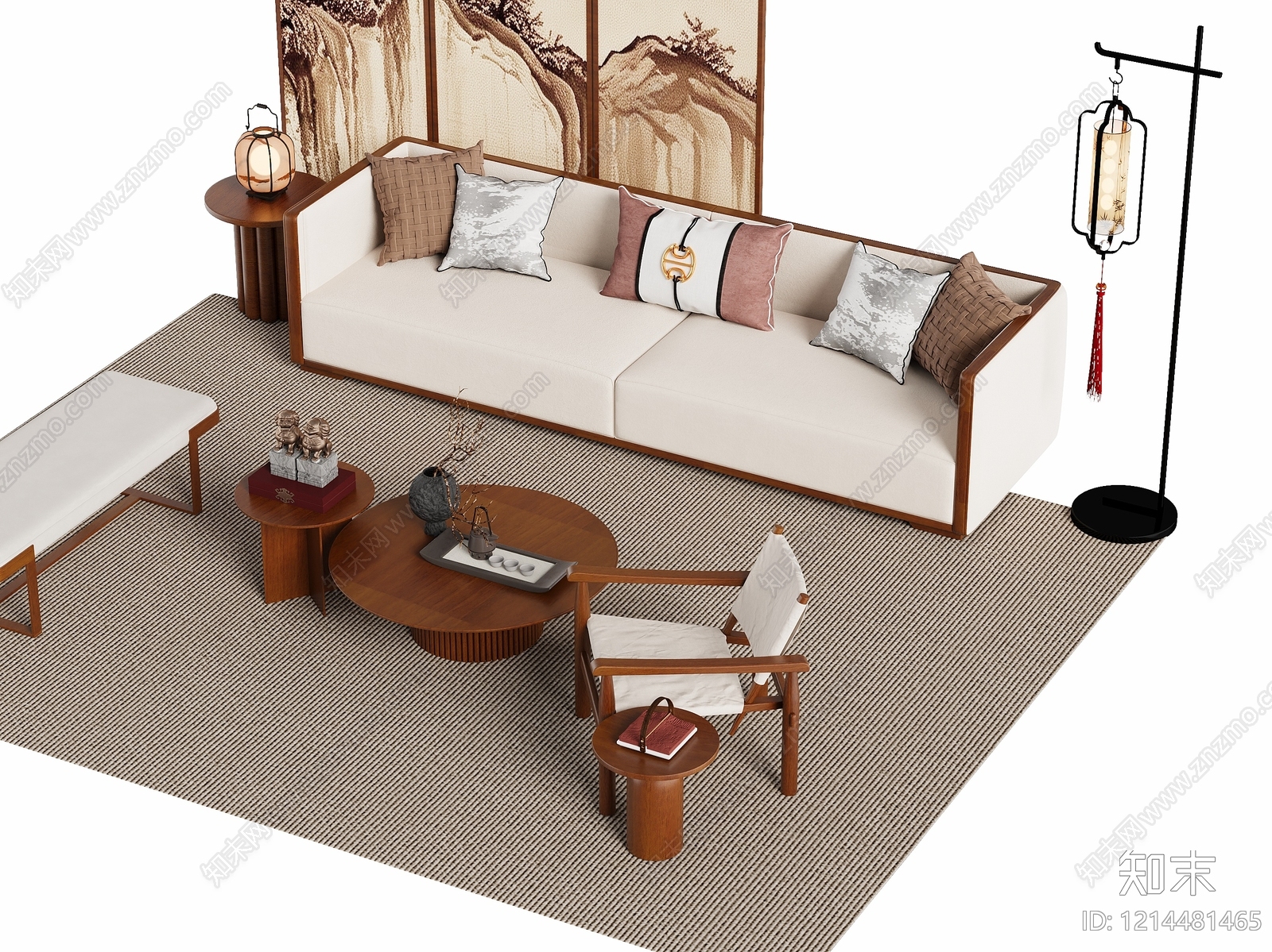 新中式双人沙发3D模型下载【ID:1214481465】