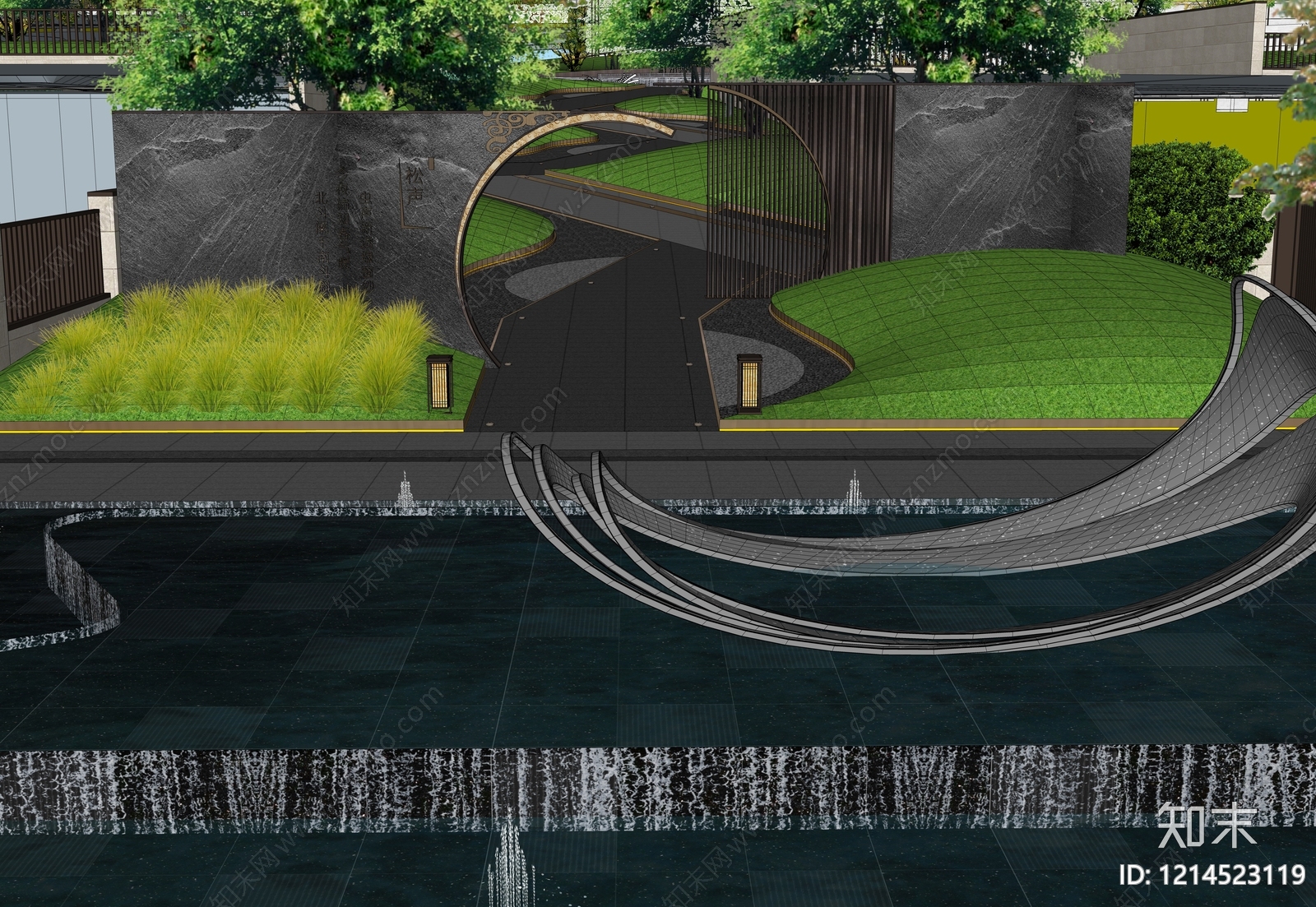 新中式景观景墙SU模型下载【ID:1214523119】