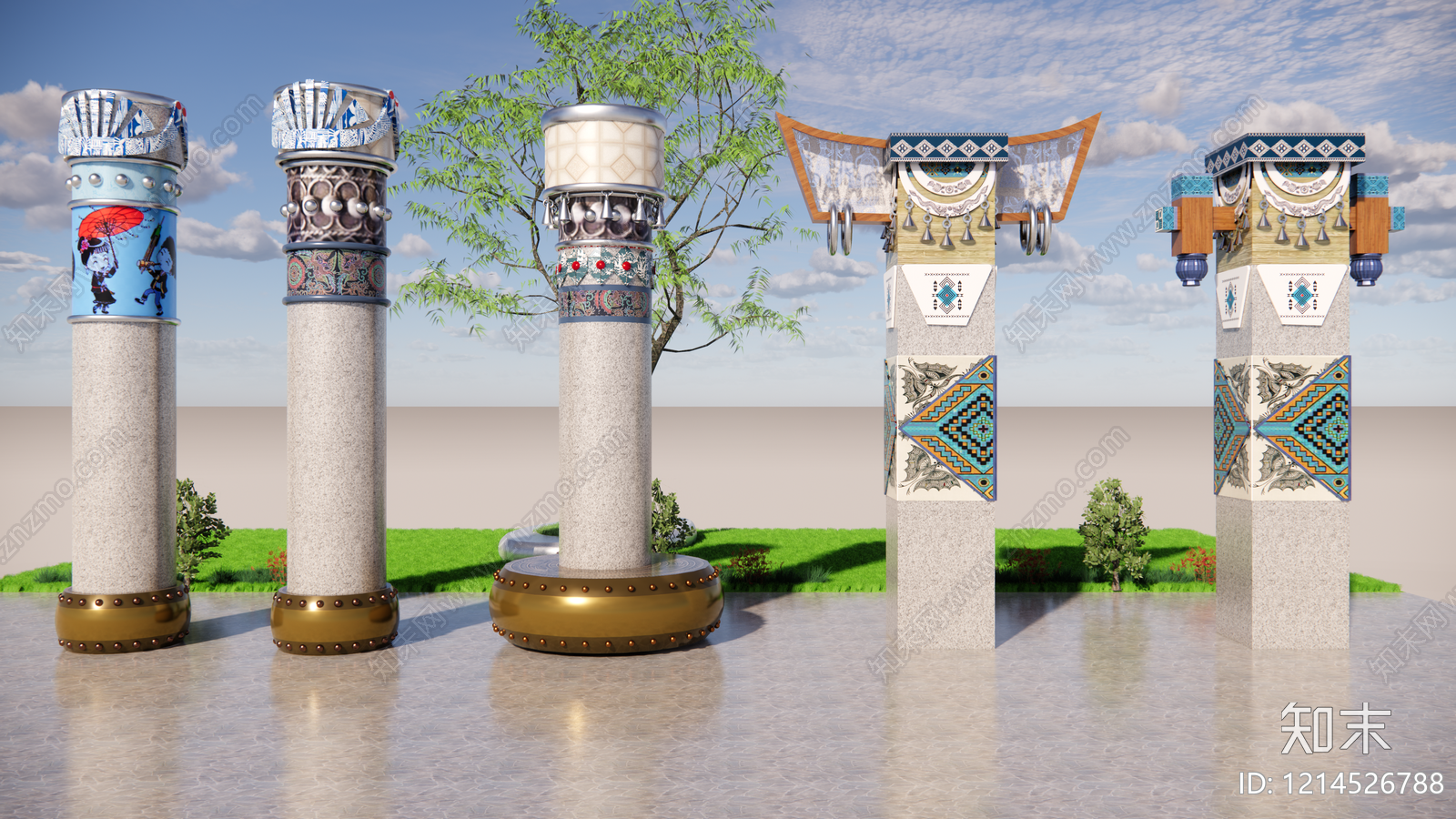 民族风景观柱SU模型下载【ID:1214526788】