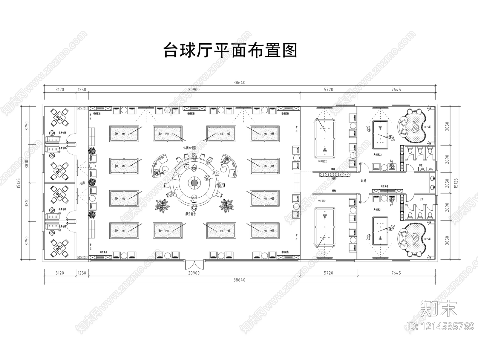 现代台球厅施工图下载【ID:1214535769】