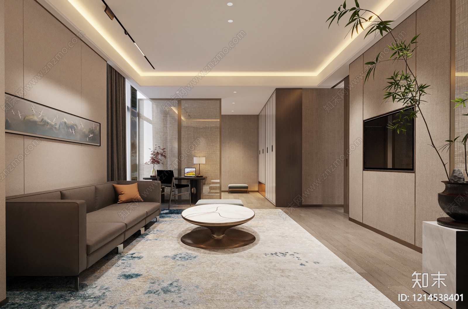 新中式酒店客房3D模型下载【ID:1214538401】