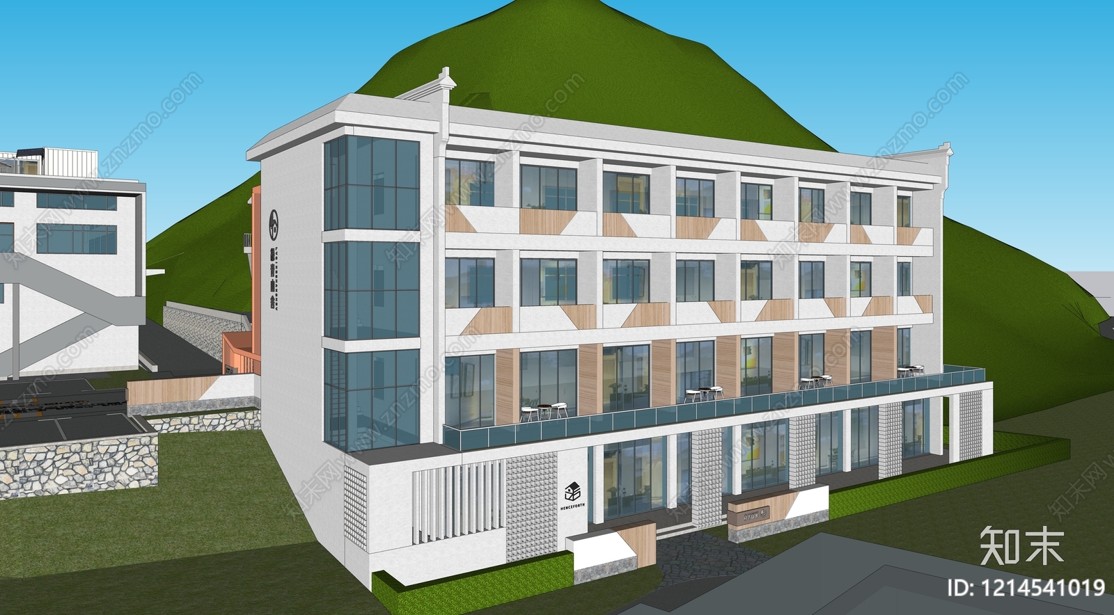 新中式民宿建筑SU模型下载【ID:1214541019】