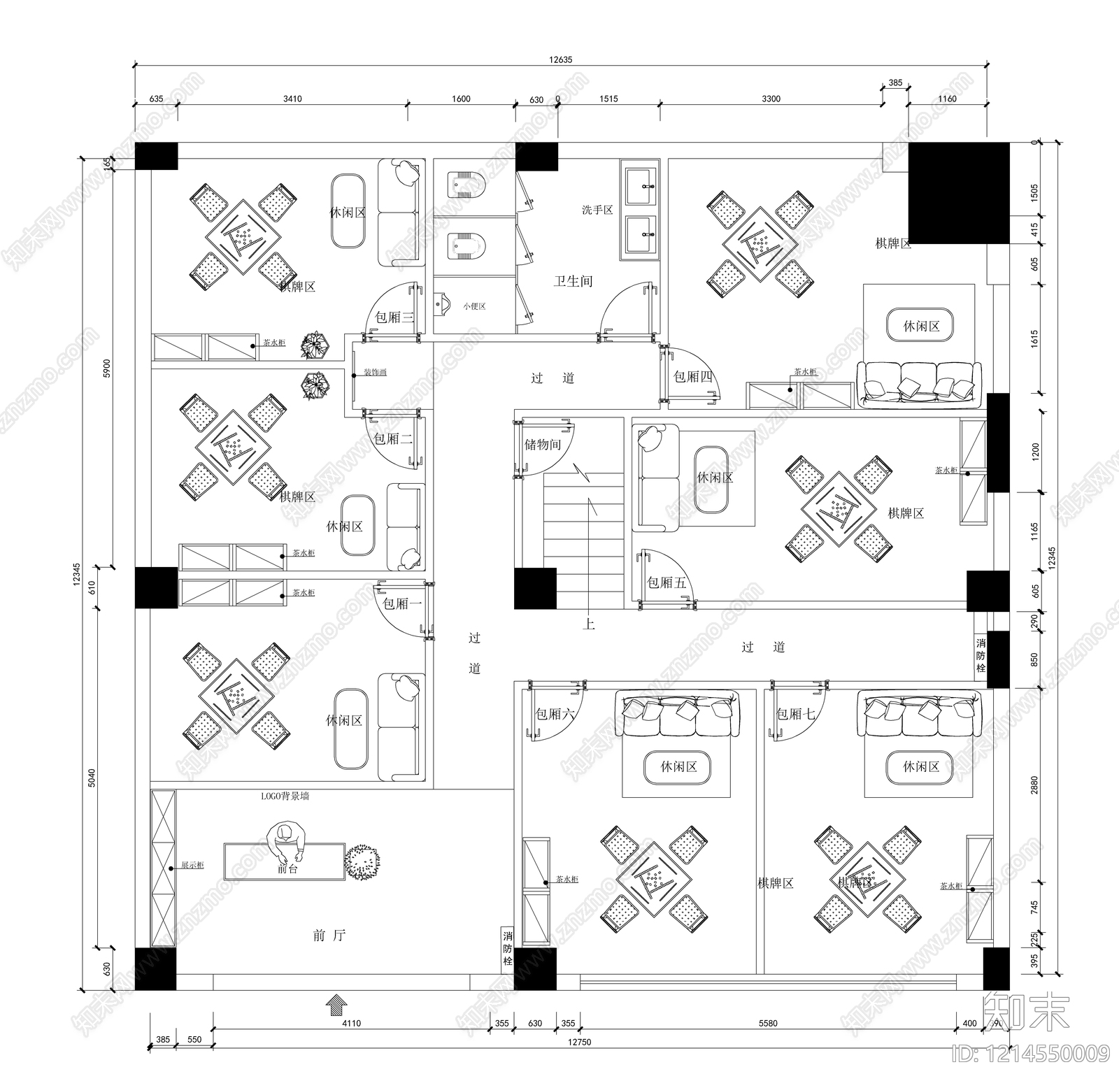 现代棋牌室cad施工图下载【ID:1214550009】