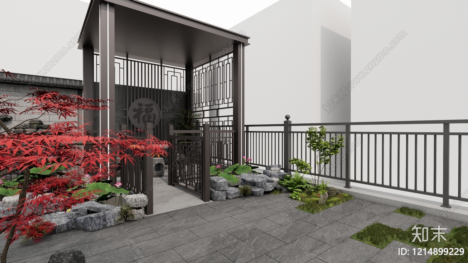 新中式别墅庭院SU模型下载【ID:1214899229】