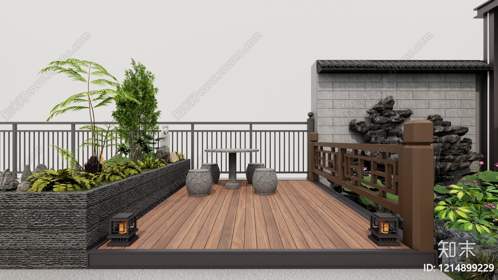 新中式别墅庭院SU模型下载【ID:1214899229】