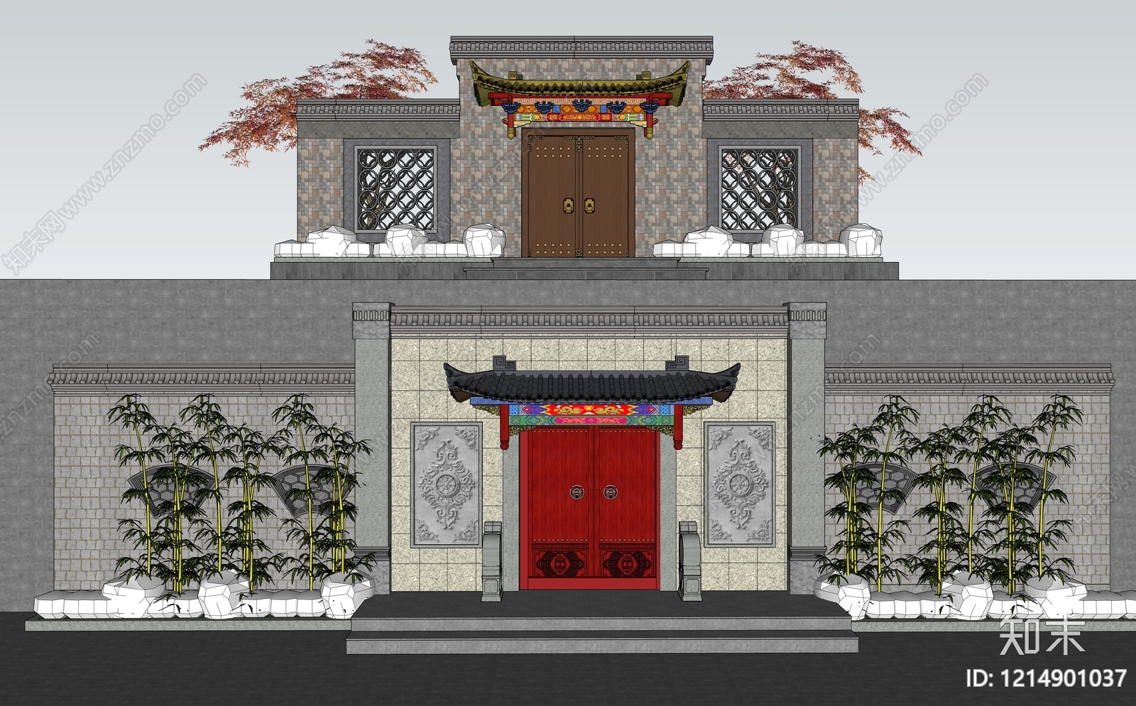 新中式入口大门SU模型下载【ID:1214901037】