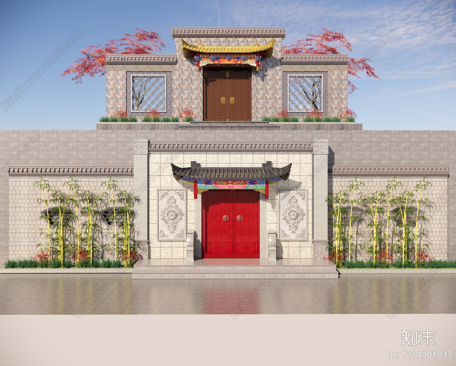 新中式入口大门SU模型下载【ID:1214901037】