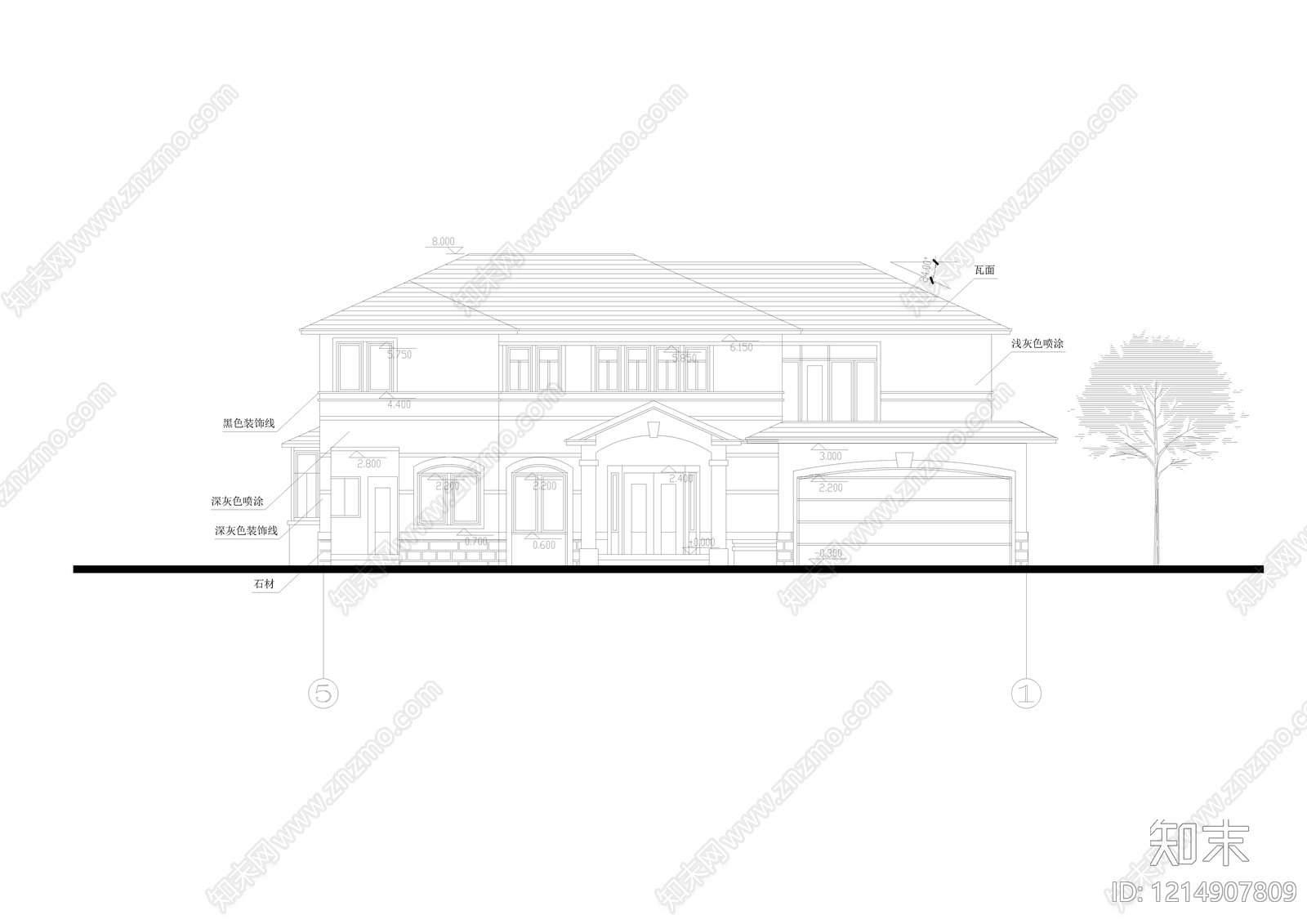 欧式美式别墅建筑cad施工图下载【ID:1214907809】