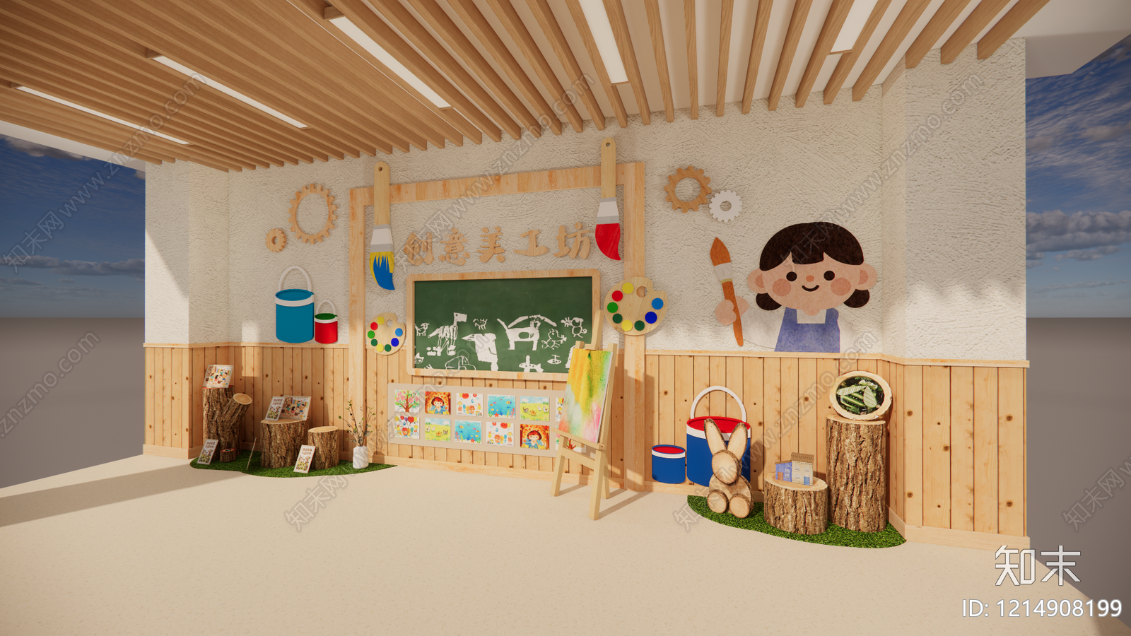 原木风幼儿园内部SU模型下载【ID:1214908199】