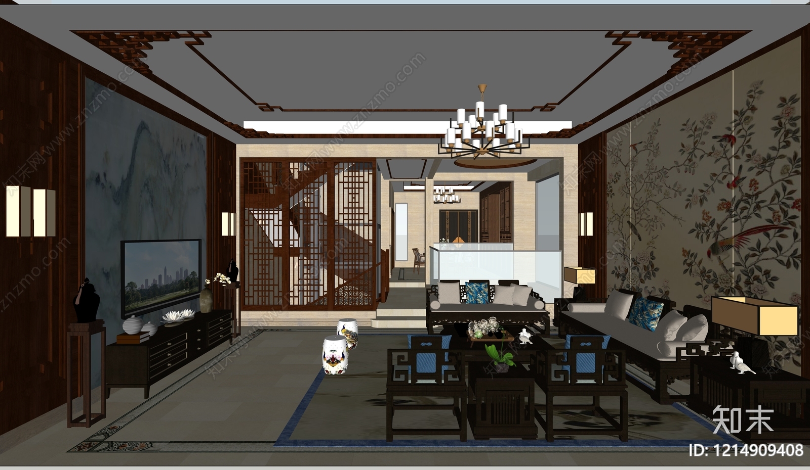 新中式客餐厅SU模型下载【ID:1214909408】