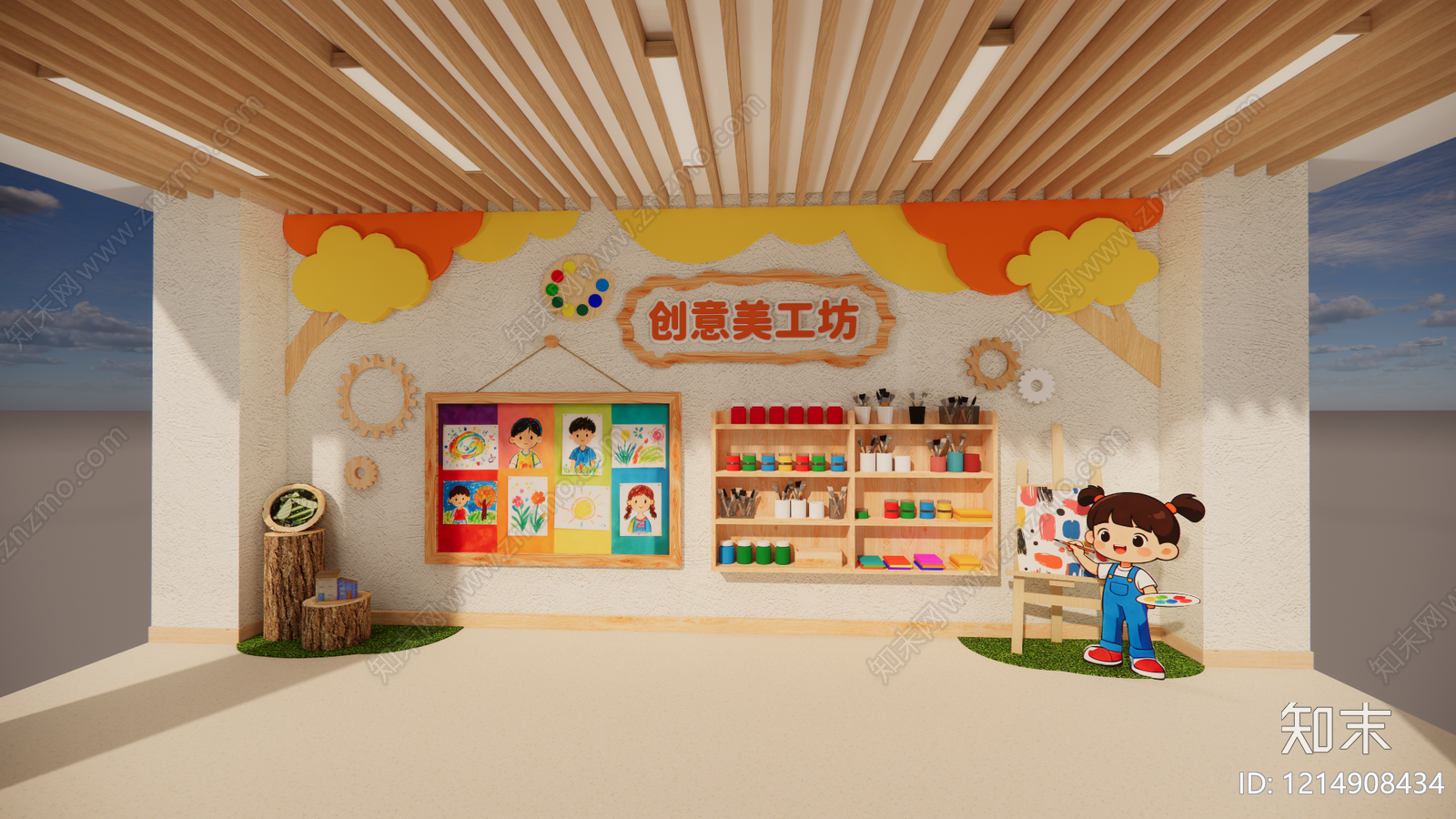原木风幼儿园内部SU模型下载【ID:1214908434】