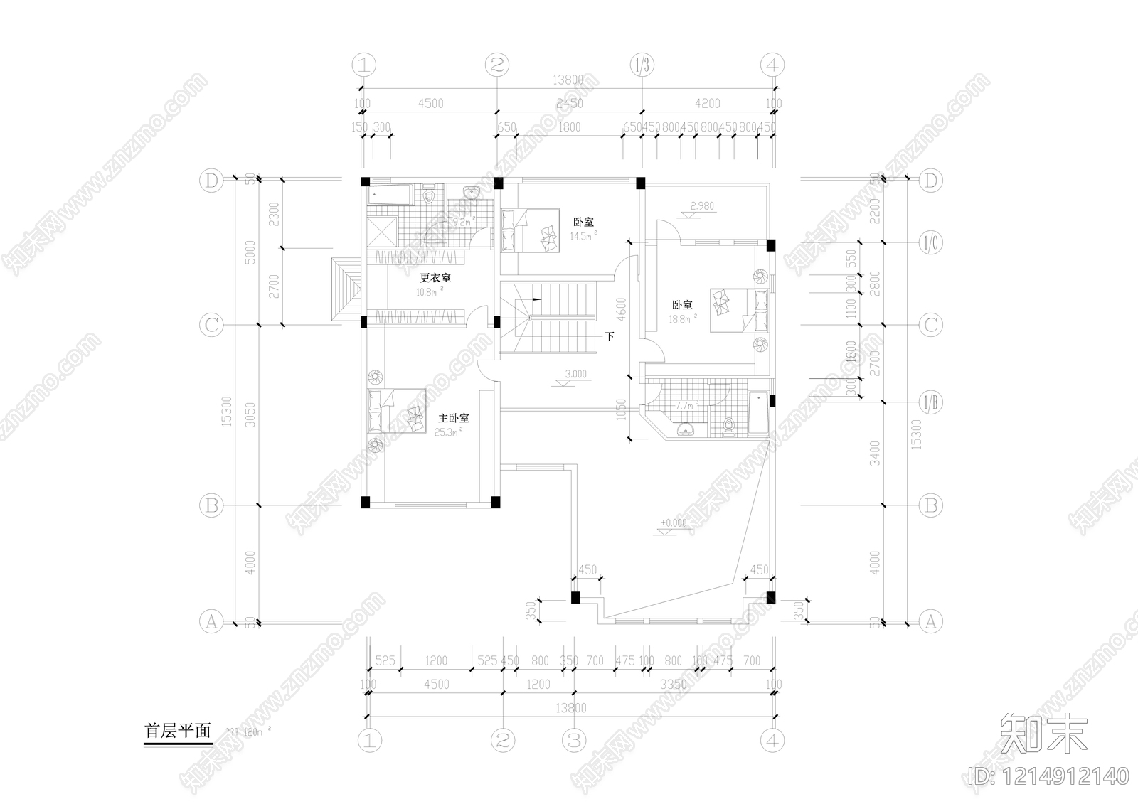 美式别墅建筑cad施工图下载【ID:1214912140】