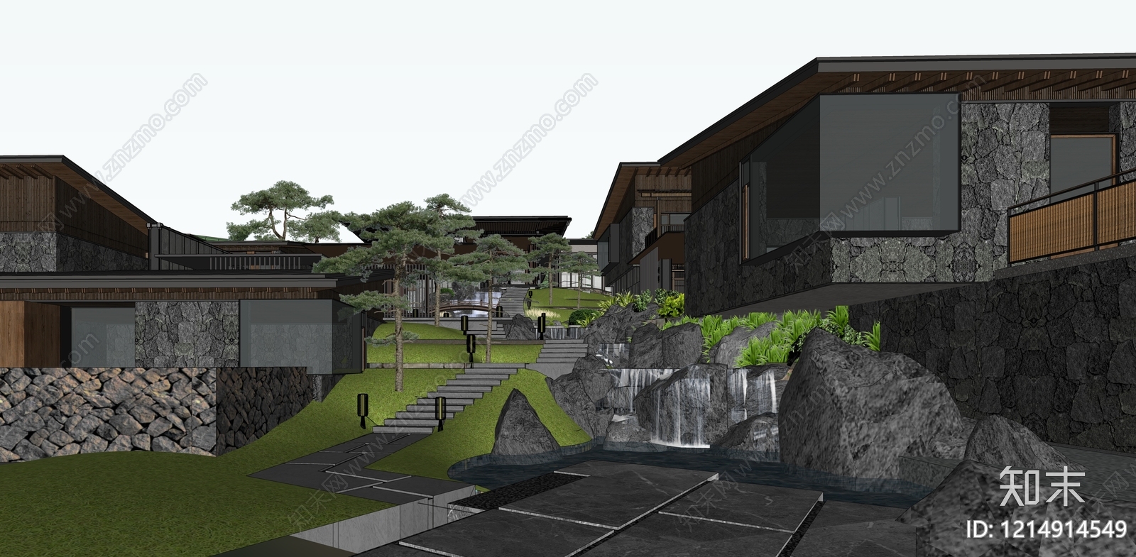 新中式民宿建筑SU模型下载【ID:1214914549】