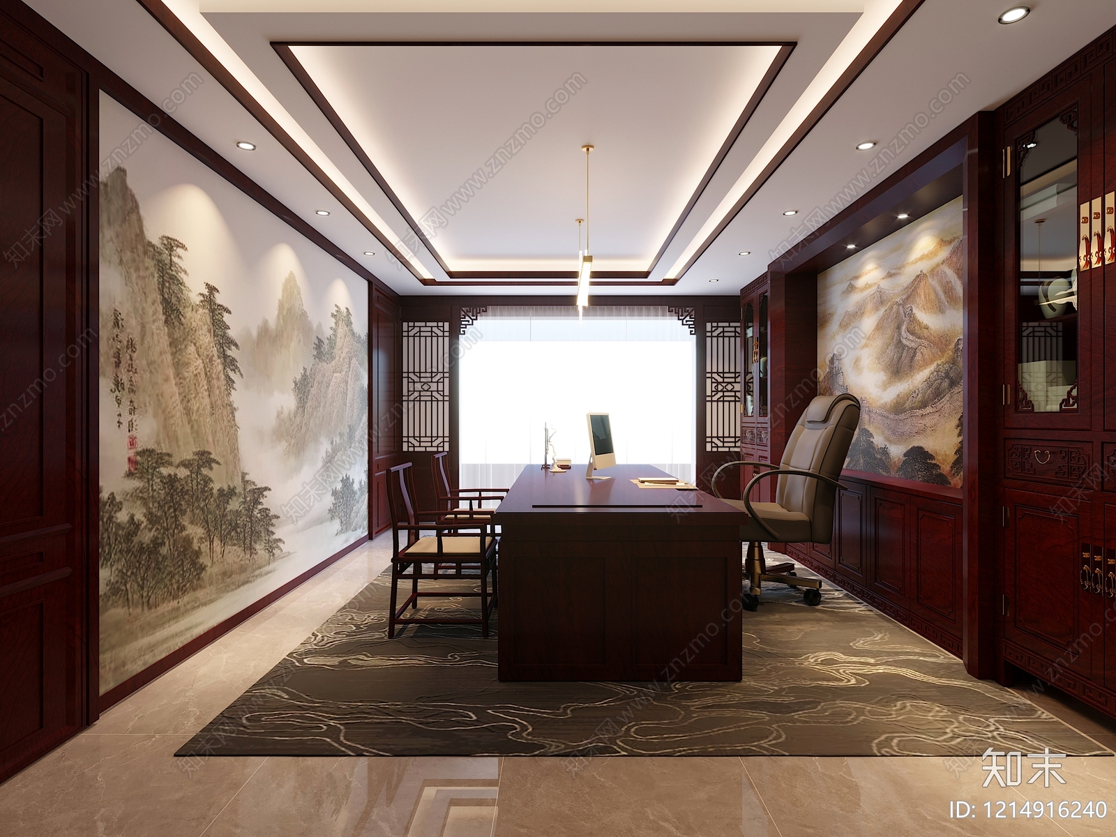 新中式董事长办公室3D模型下载【ID:1214916240】