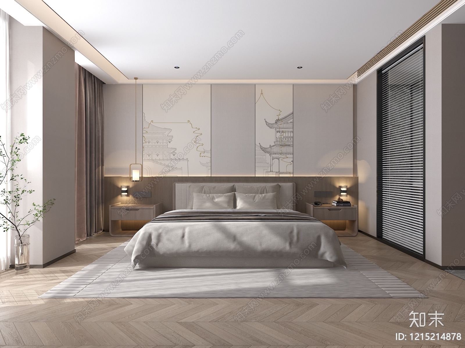 新中式酒店客房3D模型下载【ID:1215214878】