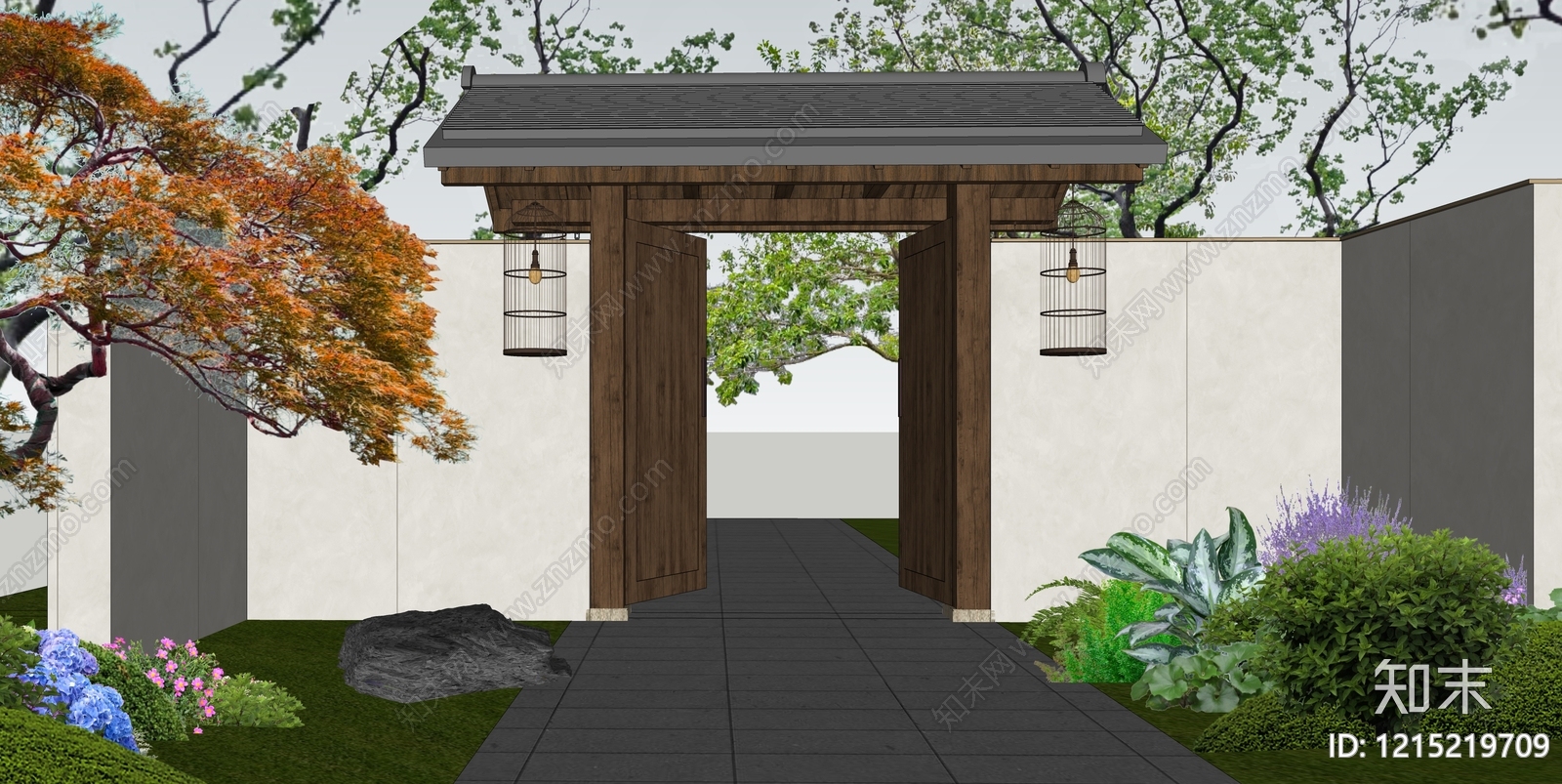 新中式入口大门SU模型下载【ID:1215219709】