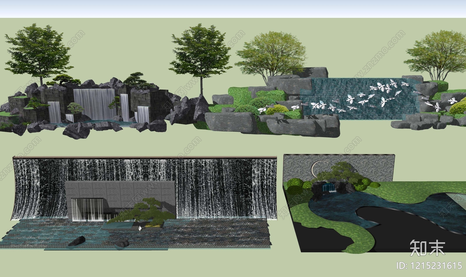 新中式景观水墙SU模型下载【ID:1215231615】