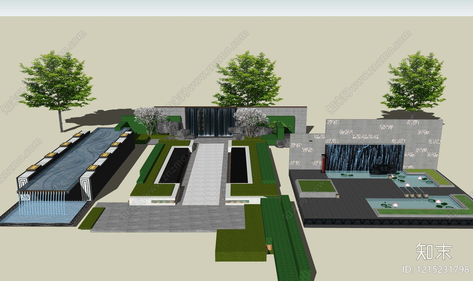 新中式景观景观水墙SU模型下载【ID:1215231798】