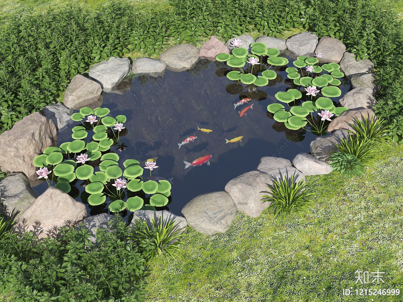 新中式景观人工水池SU模型下载【ID:1215246999】