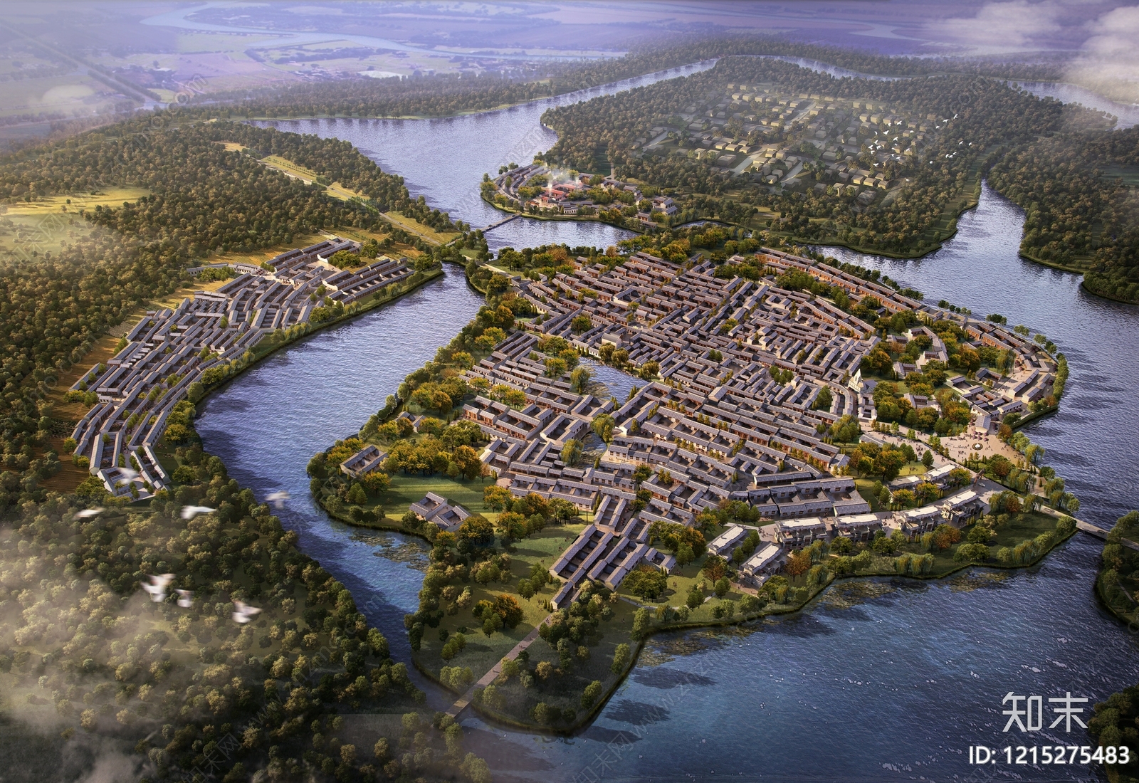 新中式鸟瞰规划3D模型下载【ID:1215275483】