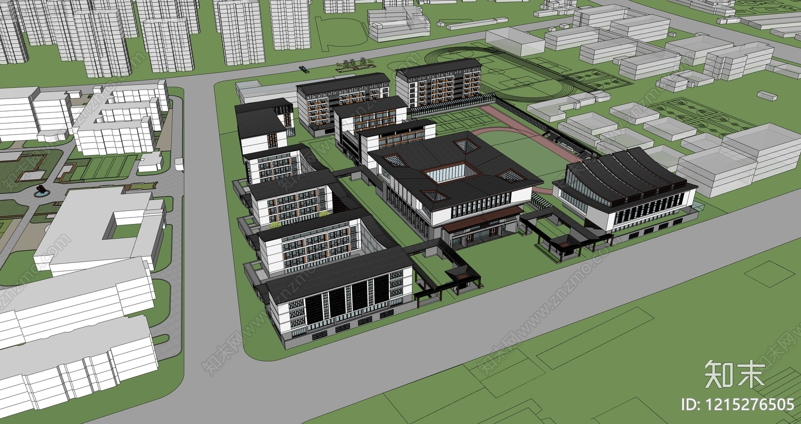 新中式学校建筑SU模型下载【ID:1215276505】
