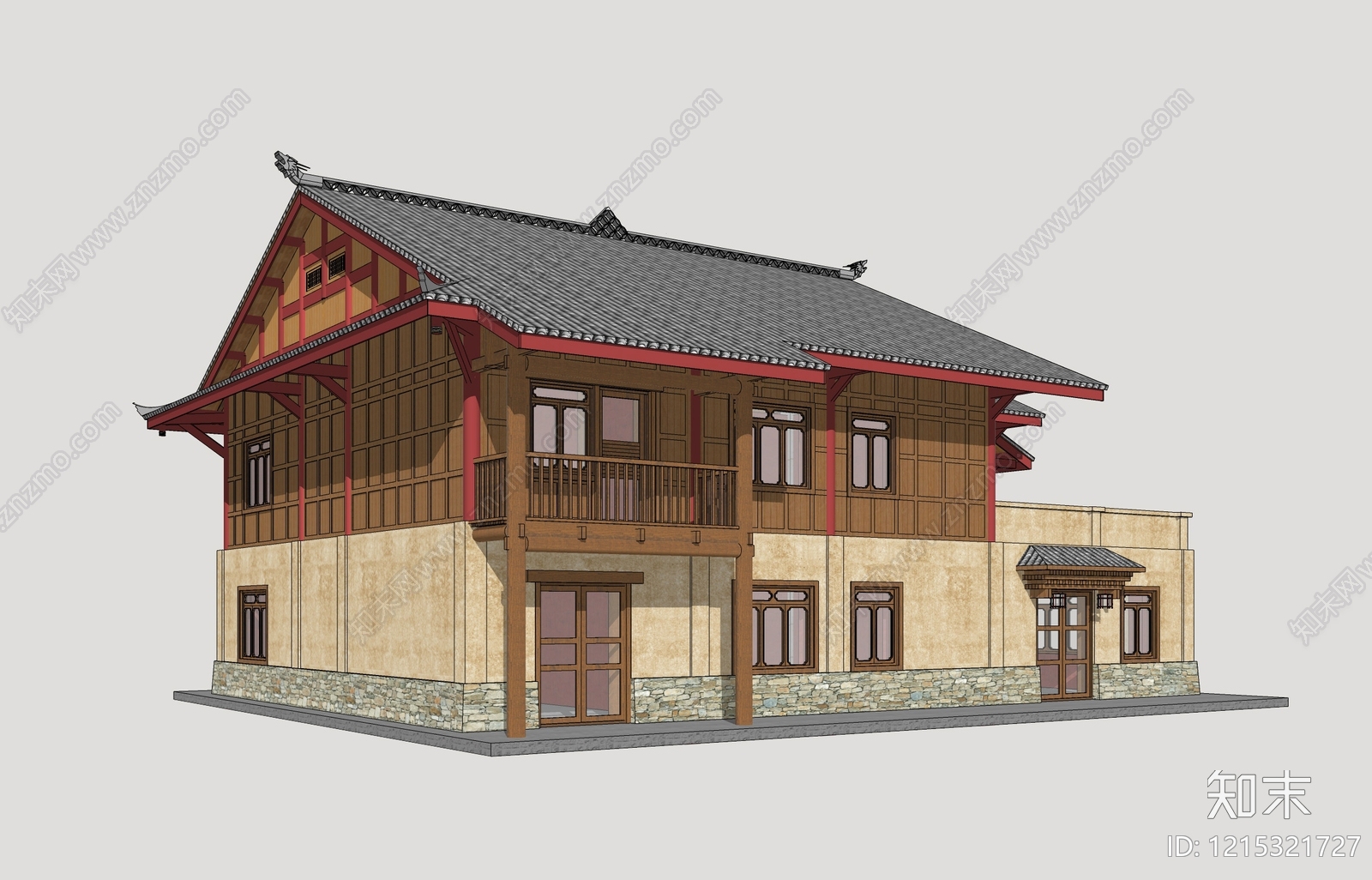 新中式民宿建筑SU模型下载【ID:1215321727】