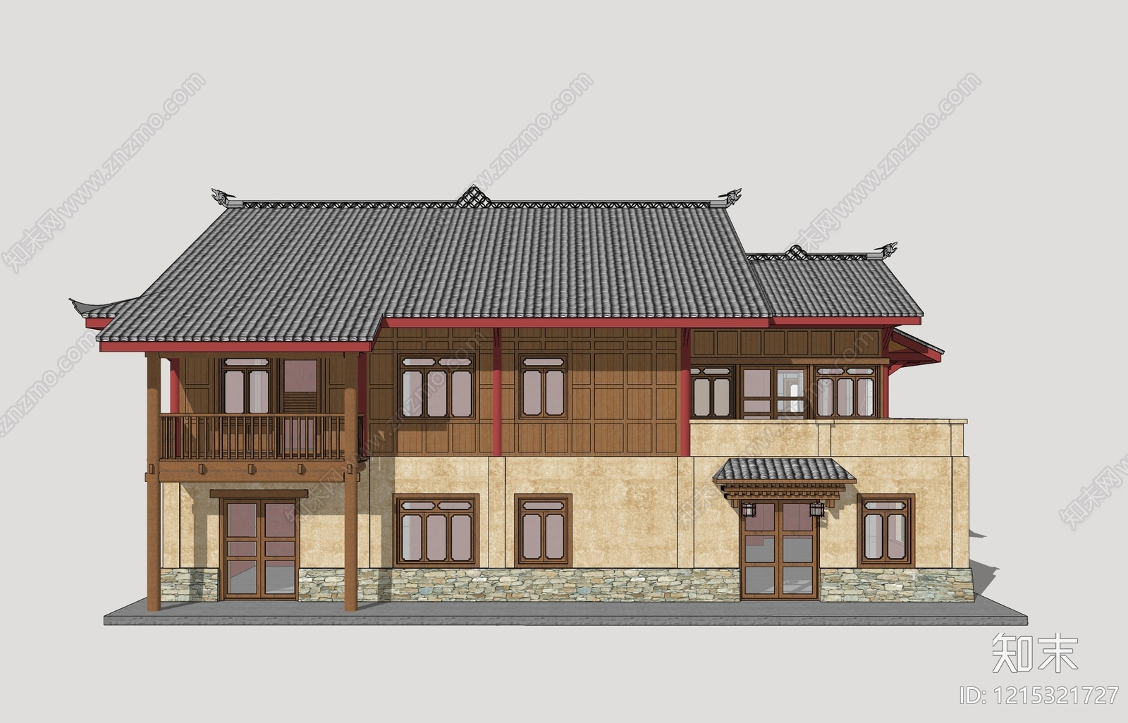 新中式民宿建筑SU模型下载【ID:1215321727】