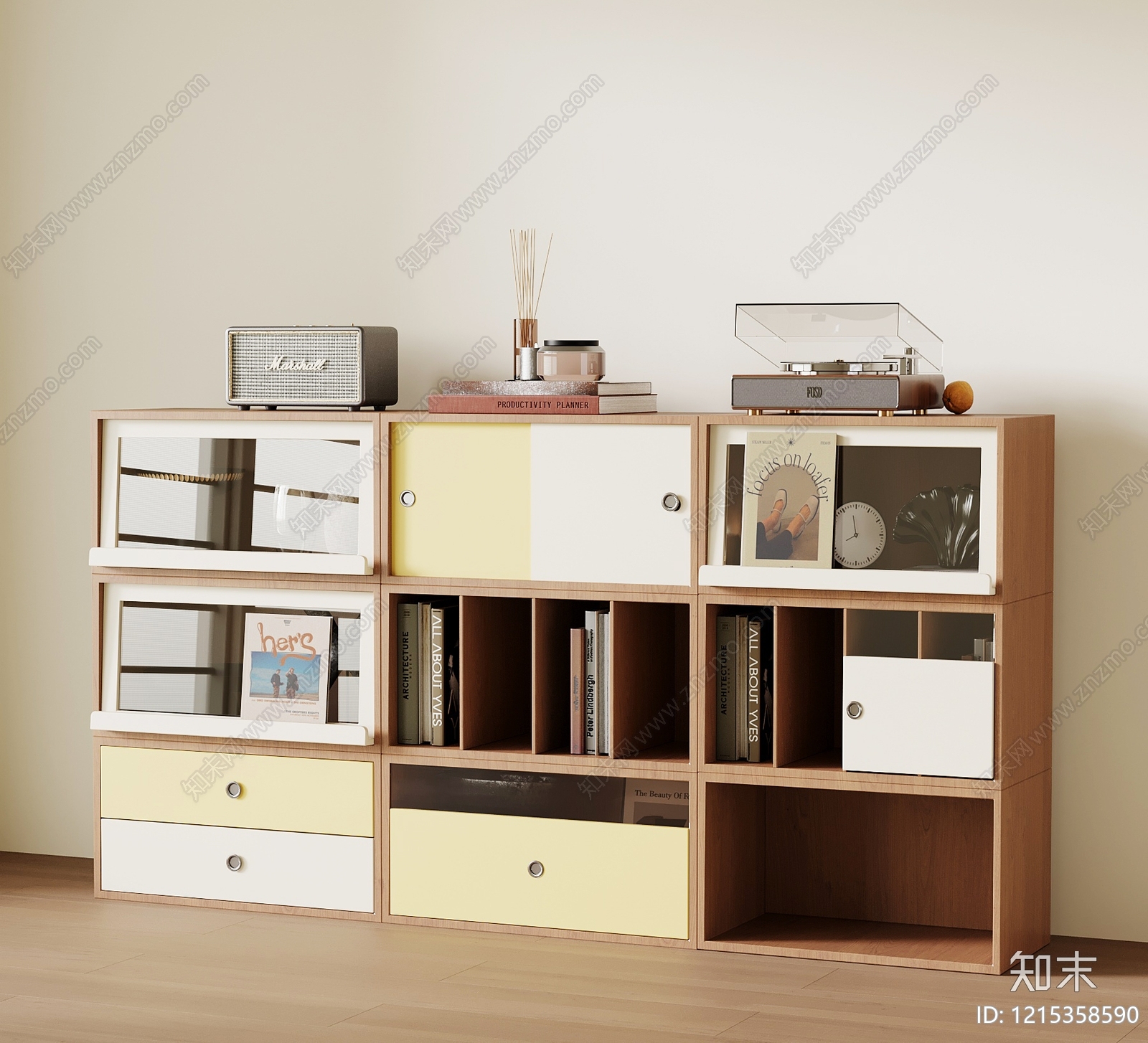 原木奶油风储物柜3D模型下载【ID:1215358590】