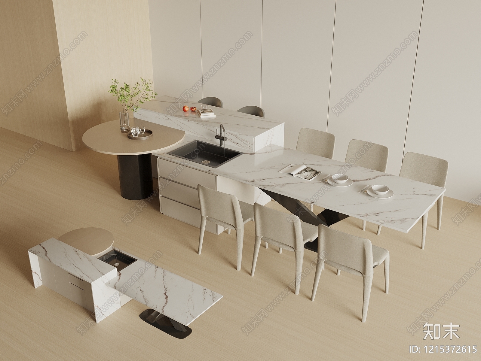 奶油风餐桌椅3D模型下载【ID:1215372615】