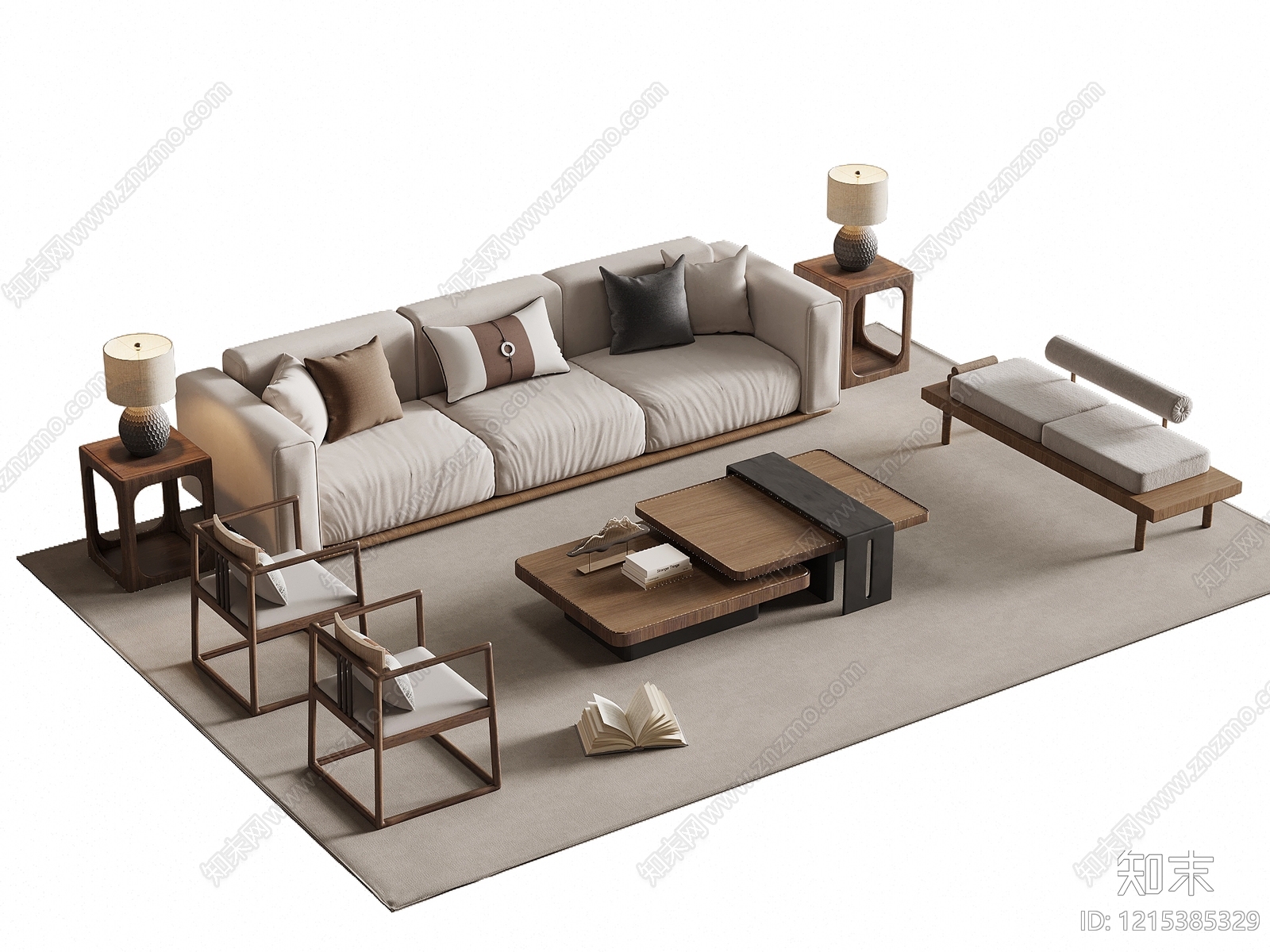 新中式沙发茶几组合SU模型下载【ID:1215385329】